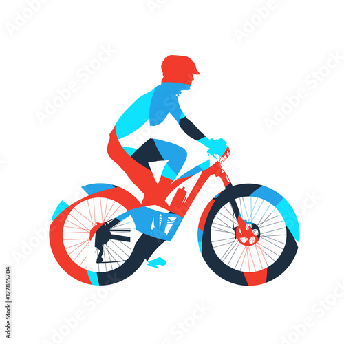 Abstract colorful mountain cyclist. Woman on bike, vector silhou