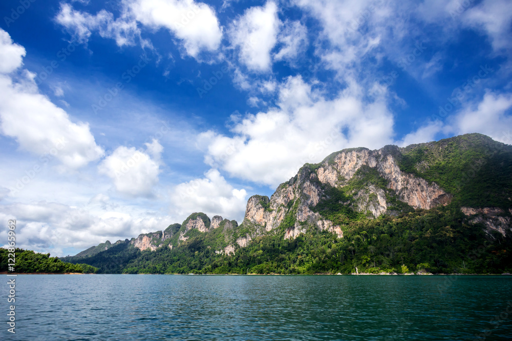 environment of mountains and river natural attractions in Ratchaprapha Dam at Khao Sok National Park, Surat Thani Province, Thailand.