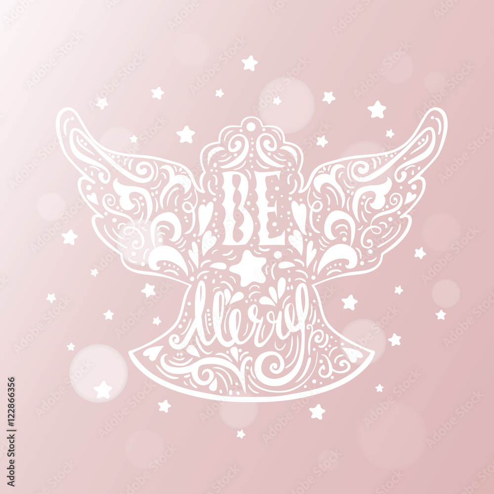 Be Marry- Silhouette of a Christmas Angel with unique lettering. Hand drawn design element for Holiday. Christmas vector greeting card on blurred background with bokeh effect