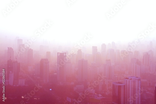 Aerial view of big city at misty sunrise  Bangkok  Thailand
