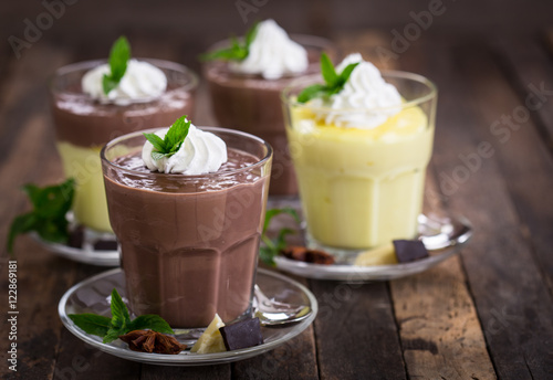 Chocolate and vanilla pudding with whipped cream