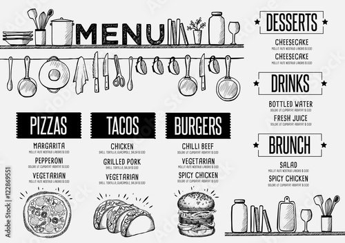 Menu restaurant, food template placemat.