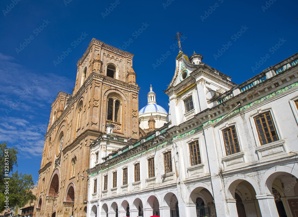 Side view of the Cuenca Cathedral and dome on a sunny morning day. Cuenca Ecuador
