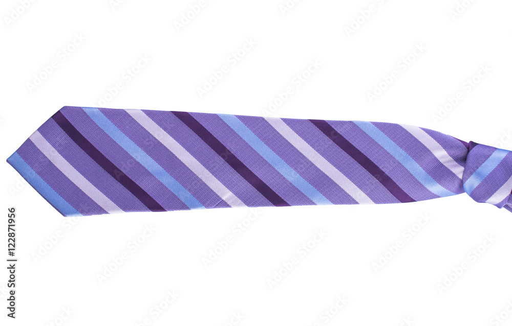 End of violet blue and brown striped tie. On white, isolated  background. Top view. Flat lay.