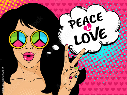 Wow pop art female face. Sexy hippie girl in glasses with pacific sign shows victory sign and peace and love speech bubble. Vector colorful background in pop art retro comic style.