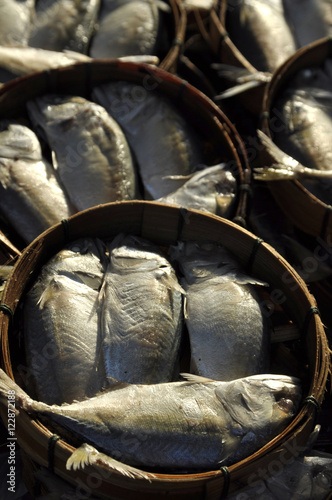  mackerel in round bamboo baskets.