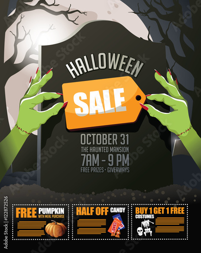 
Halloween Sale tombstone background with coupons and zombie hands. EPS 10 vector.

