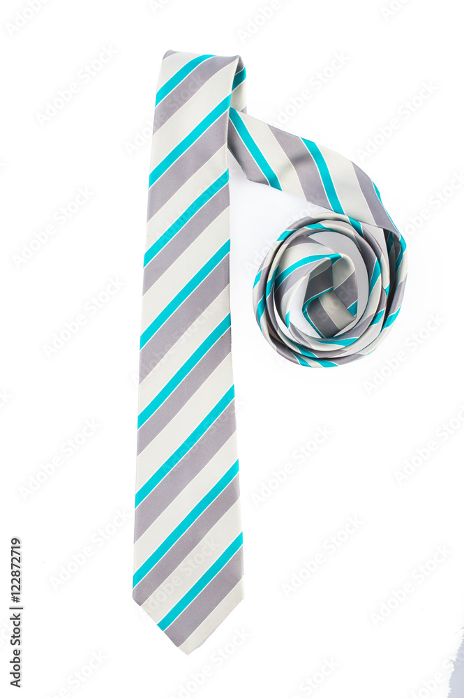 Obraz premium Grey tie with blue stripes. Twisted half. On white, isolated background. Top view. Flat lay.
