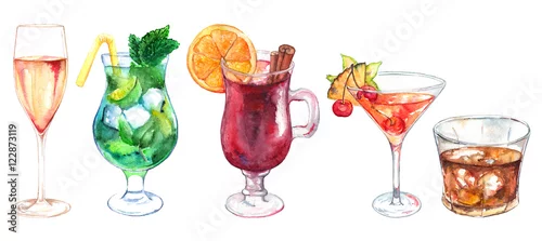 Obraz Zestaw akwarela egzotyczny napój alkohol koktajl na białym tle