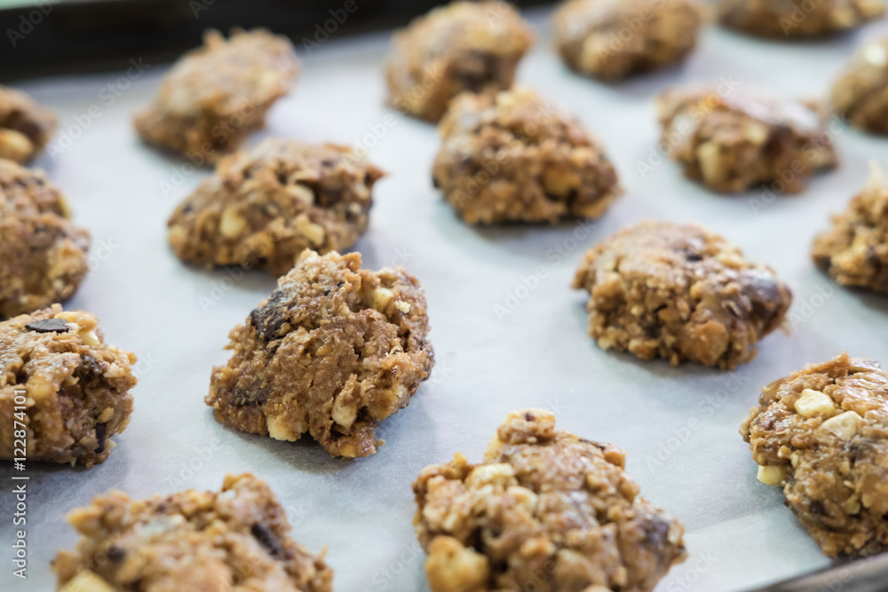 Chocolate chip cookies on a baking sheet