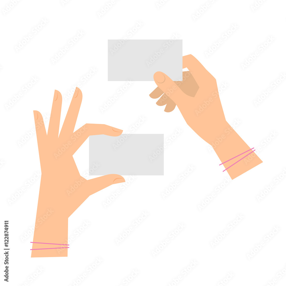 Two women's hands are holding business cards. Template flat illustration of businesswoman's hands and blank cards. Vector isolated on white background design elements for infographics, presentations. Two women's hands are holding business cards. Template flat illustration of businesswoman's hands and blank cards. Vector isolated on white background design elements for infographics, presentations.