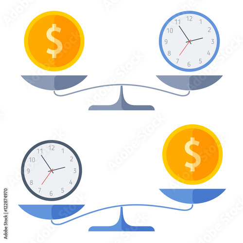 Dollar coin and a watch on a scales. Flat concept illustration of balance, wealth and time symbols. Isolated vector elements for money, clock and business infographics, presentations, publish and web.