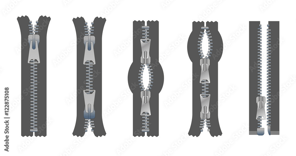 Vector set of zippers and fastener. Schematic isolated illustration of different types of