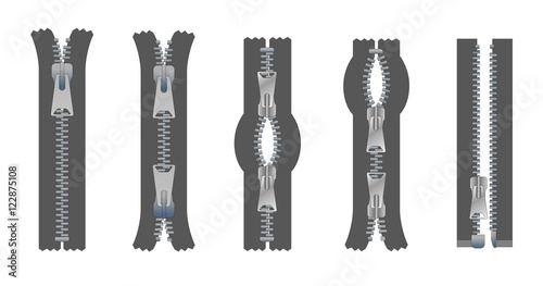 Vector set of zippers and fastener. Schematic isolated illustration of different types of zippers in a closed and opened positions. Metal or plastic clasps. Clothes accessory.