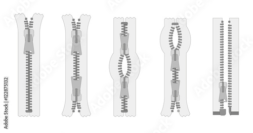 Vector set of zippers and fastener. Schematic isolated illustration of different types of zippers in a closed and opened positions. Metal or plastic clasps. Clothes accessory.