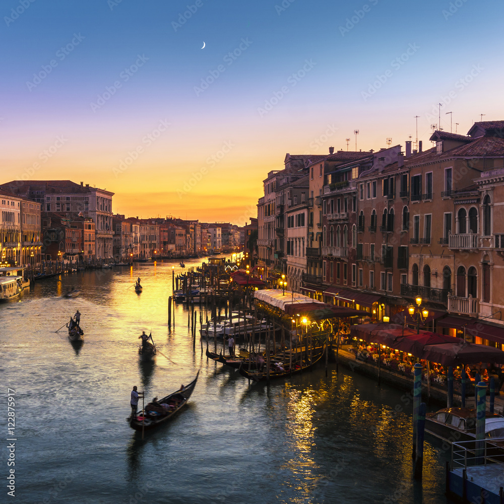 Grand Canal view from Rialto Bridge at sunset, Venice, Italy