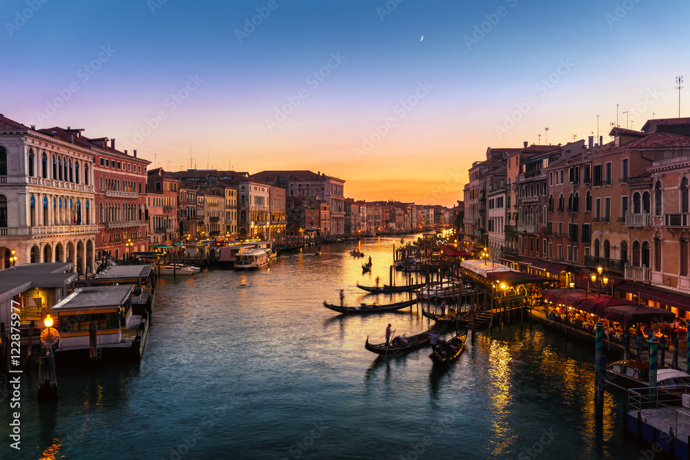 Grand Canal view from Rialto Bridge at sunset, Venice, Italy