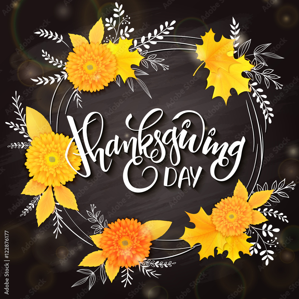 Fototapeta wektor święto dziękczynienia pozdrowienie napis frazę - dzień dziękczynienia - z ramą, bukiet chryzantemy z doodle kwiat oddziałów na tle tablicy. Projekt na kartkę z życzeniami lub plakat