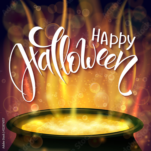 vector halloween poster with hand lettering greetings label - happy halloween - with boiling witch cauldron on background