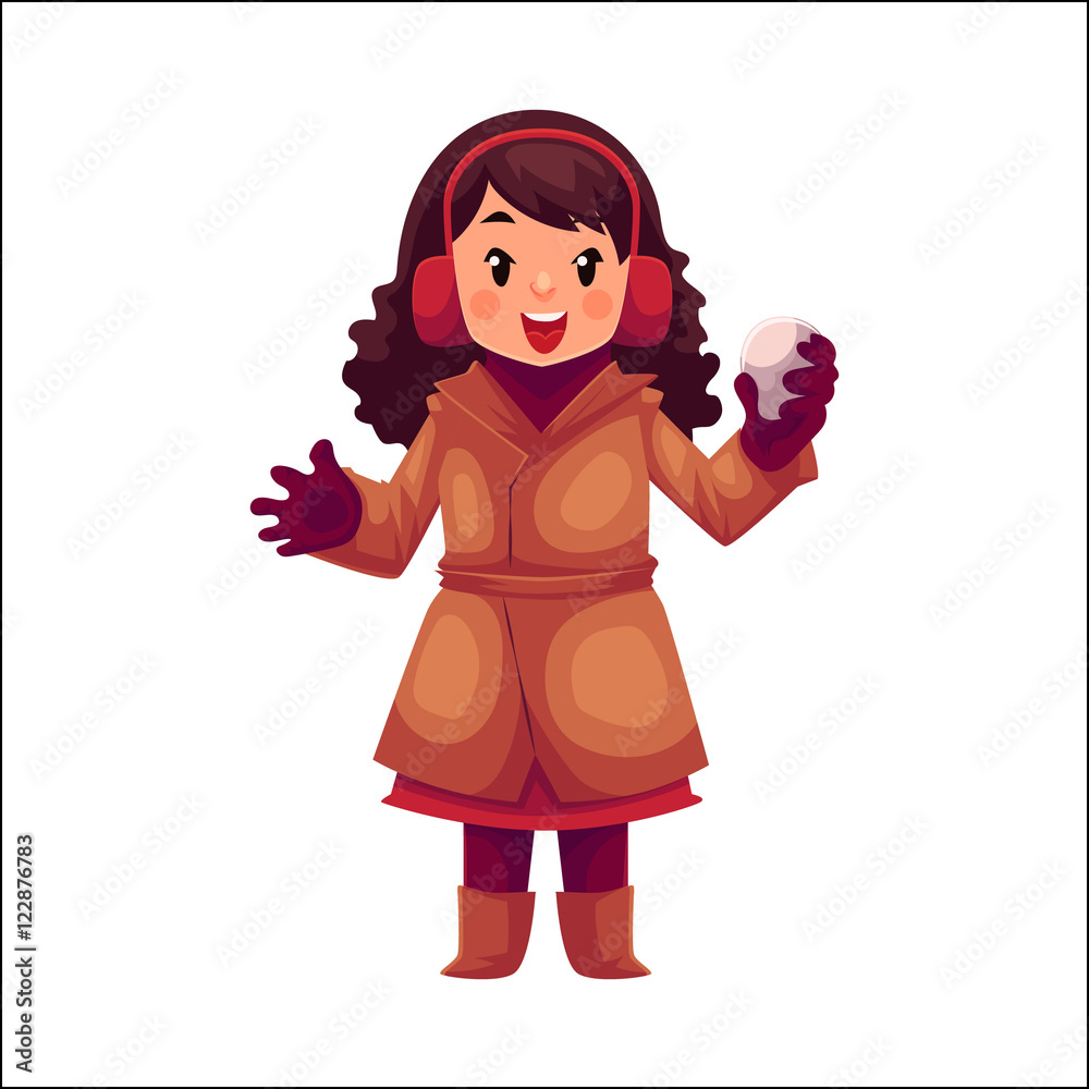 Happy little girl in winter clothes with a snowball, cartoon style vector illustration isolated on white background. Little caucasian girl in warm winter clothes Happy little girl in winter clothes with a snowball, cartoon style vector illustration isolated on white background. Little caucasian girl in warm winter clothes