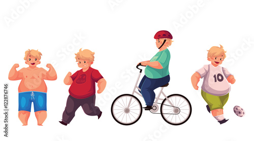 Fat boy doing sport exercises, cycling, running, playing football, cartoon vector illustration isolated on white background. Obese, fat, chubby kid doing sport, getting fit, active lifestyle