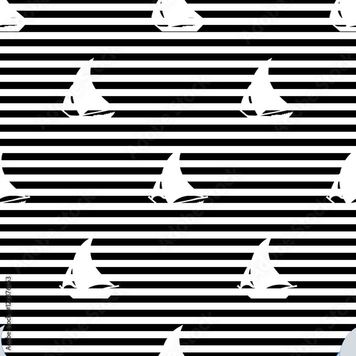 White sailing ships with black strips geometric seamless pattern.