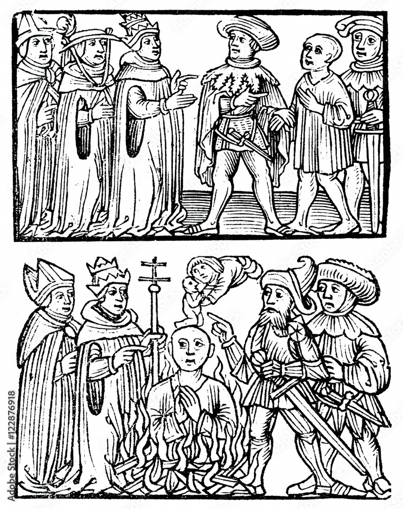 Church transfers heretic to civil authorities, which burns him and saves his soul (woodcut from 15th century)