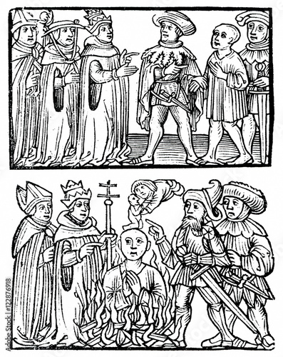 Obraz na płótnie Church transfers heretic to civil authorities, which burns him and saves his soul (woodcut from 15th century) w salonie