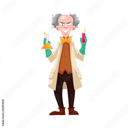 Mad professor in lab coat and green rubber gloves holding flasks, cartoon vector illustration isolated on white background. Crazy laughing white-haired scientist, stereotype of scientist