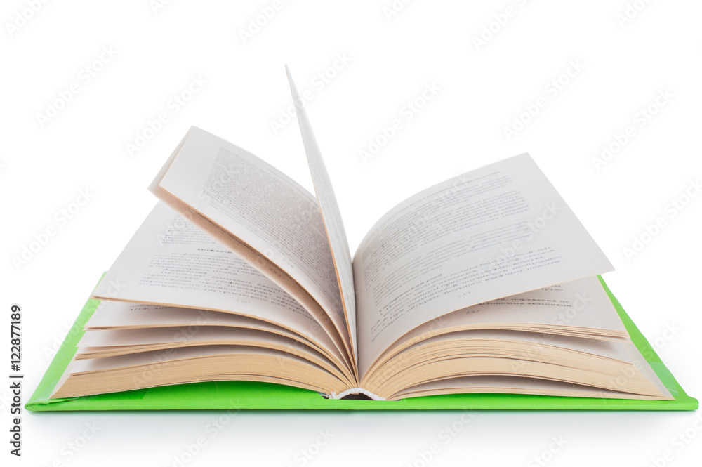 One green open book. on white, isolated background.