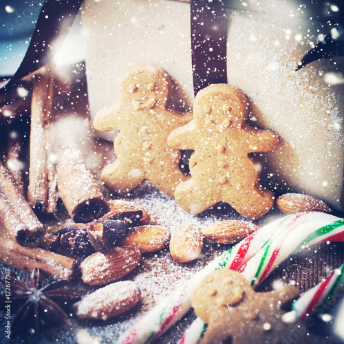 Christmas Gingerbread Men with Festive Spices. Pastel Color