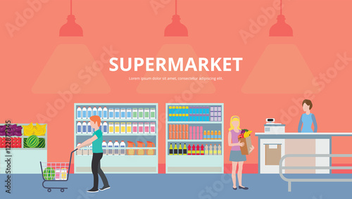 Colorful flat vector banners. People shopping, supermarket shopping. Supermarket interior design.