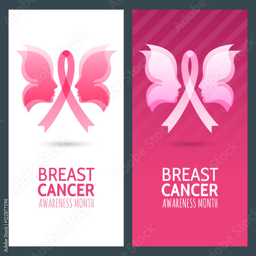 Vector banner set for breast cancer october awareness month. Illustration of womans face in butterfly wings and pink ribbon breast cancer symbol. Abstract background for banner, poster, flyer design.