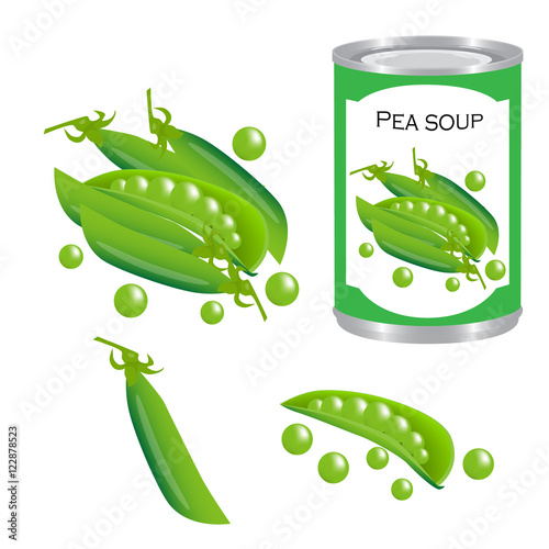 canned pea soup realistic isolated. green fresh pea pods isolated vector illustration