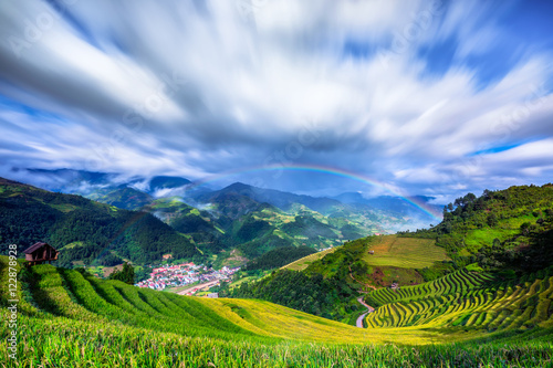 Top view of Mu Cang Chai City with the rainbow