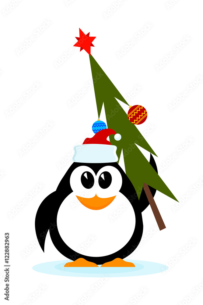 Fototapeta premium Little cheerful penguin with Christmas tree in hat of Santa Clau