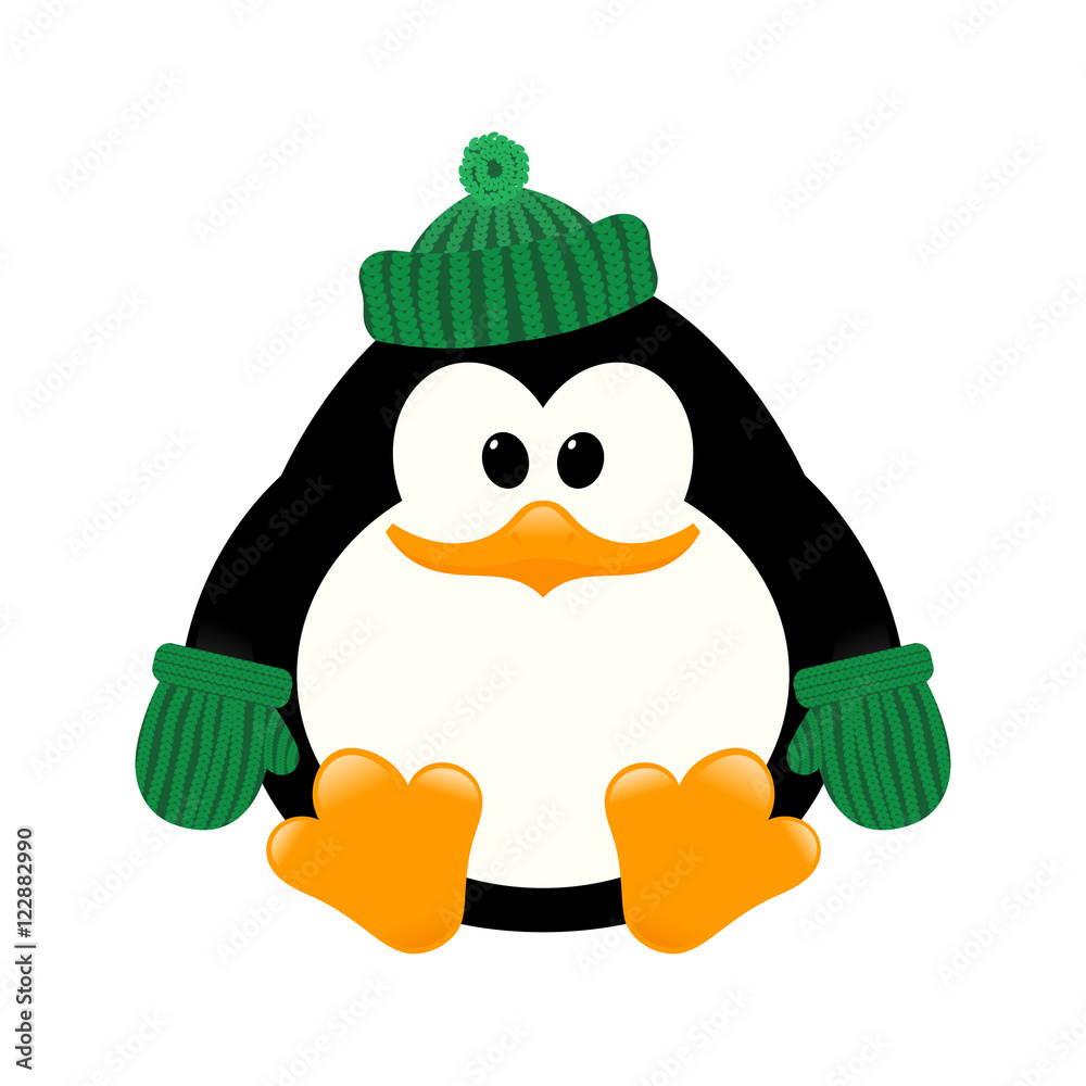 Fototapeta premium Vector illustration of a young cute penguin in a knitted cap and