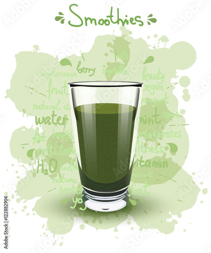 Vector illustration high glass cup with a green smoothies. Healt