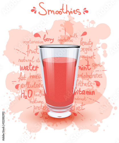 Vector illustration high glass cup with a red smoothies. Healthy