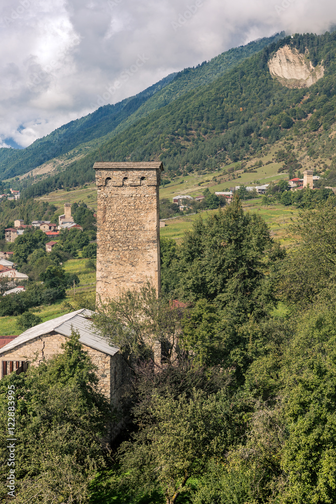 Mountain landscape with the famous towers of Svaneti. Georgia
