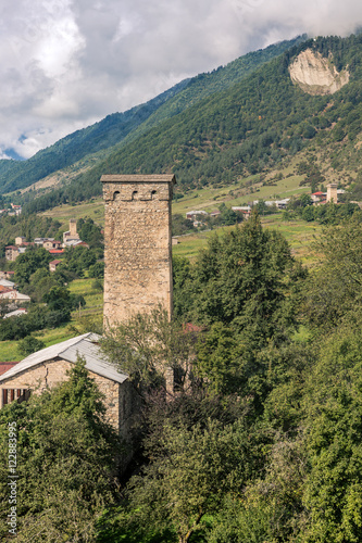 Mountain landscape with the famous towers of Svaneti. Georgia