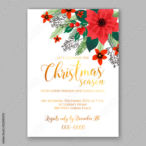 Merry Christmas party invitation with winter wreath. Pine, poinsettia