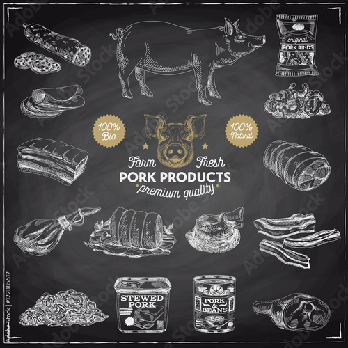 Vector hand drawn Illustration with meat products.
