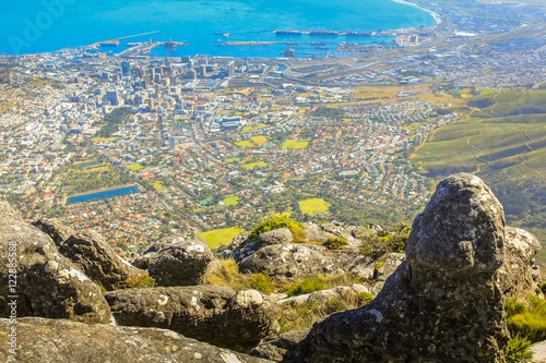 Table Mountain National Park, Trail Hike. View on Cape Town, South Africa, Western Cape, from the top of Table Mountain. photo