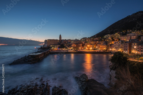 Night lights at the seaside village with colorful houses/Genoa/Nervi/Italy
