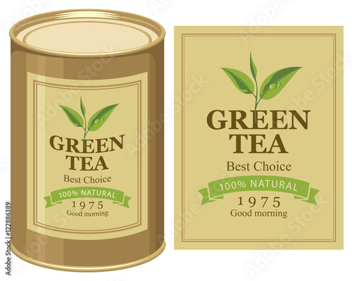 Vector illustration of a tin can with label of green tea