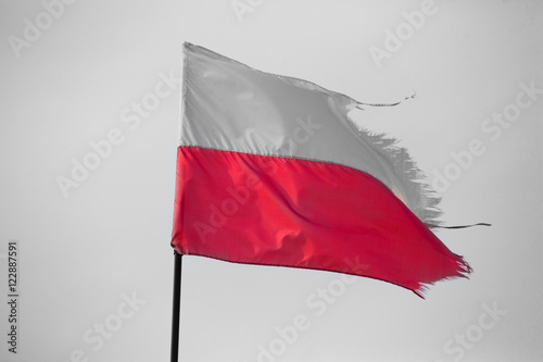 Polish flag in the sky, old Poland flag, Flag of Poland waving in the wind