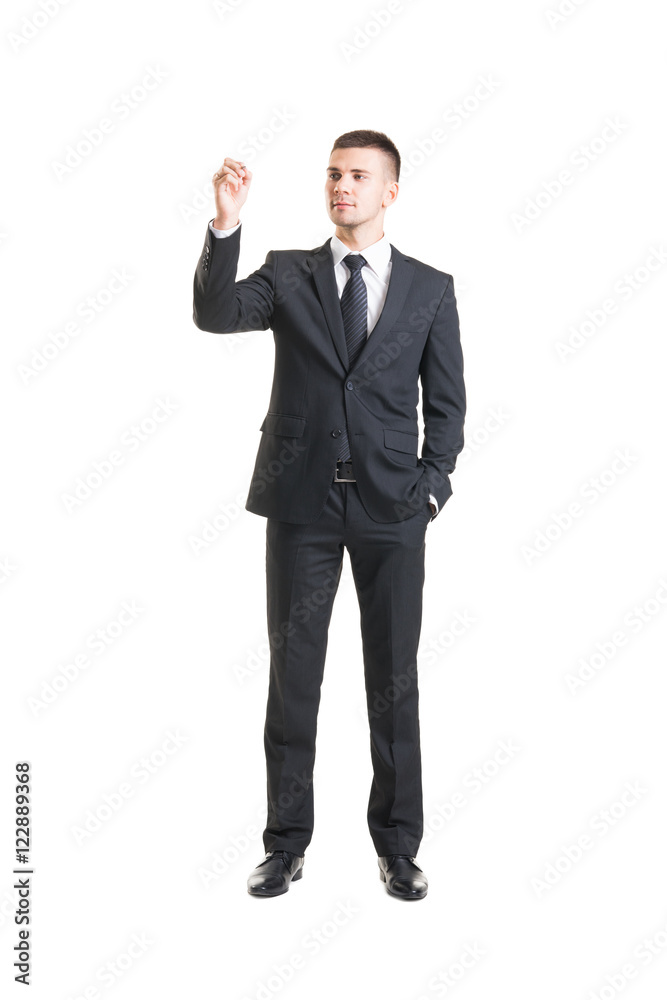 Young businessman writing imaginary text Young businessman writing imaginary text