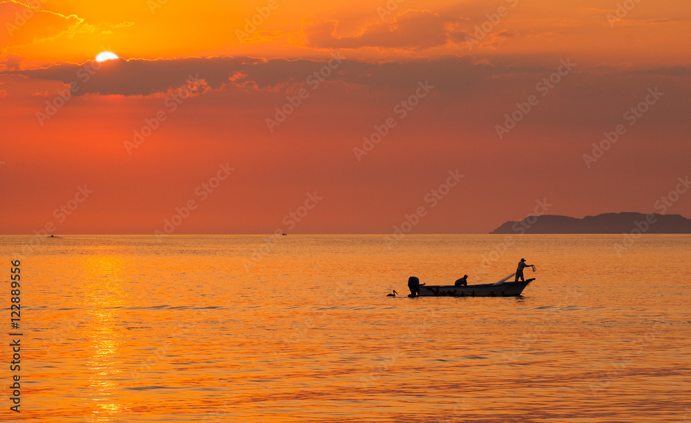 Silhouette of Bait Fishermen off Loreto in Sea of Cortez