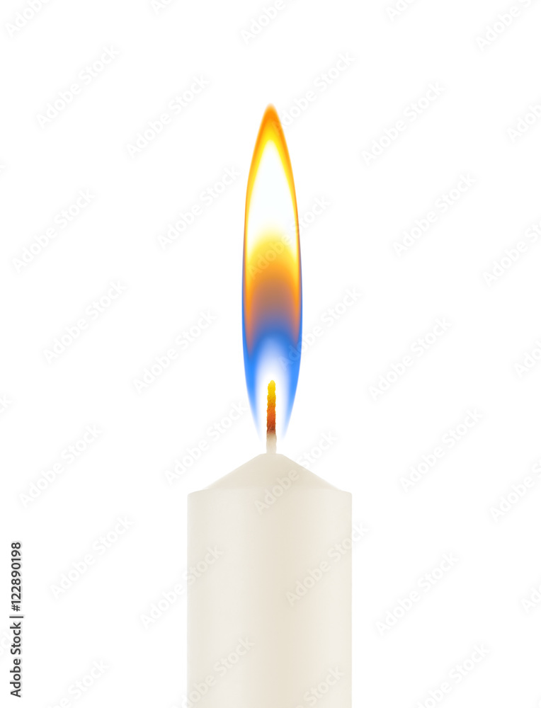 Burning candle on white background